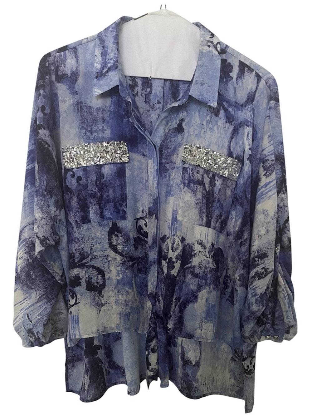 Chico's Sequin Pocket Button Up Blouse Womens 3 XL Blue High Low Art To Wear